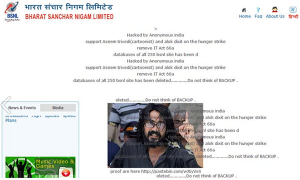 BSNL website hacked by Anonymous India