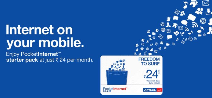 Aircel Rs 24 Pocket Internet Cards offering 100 MB Data Valid for 30 Days