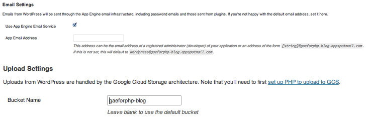 Google App Engine Plugin for WordPress settings