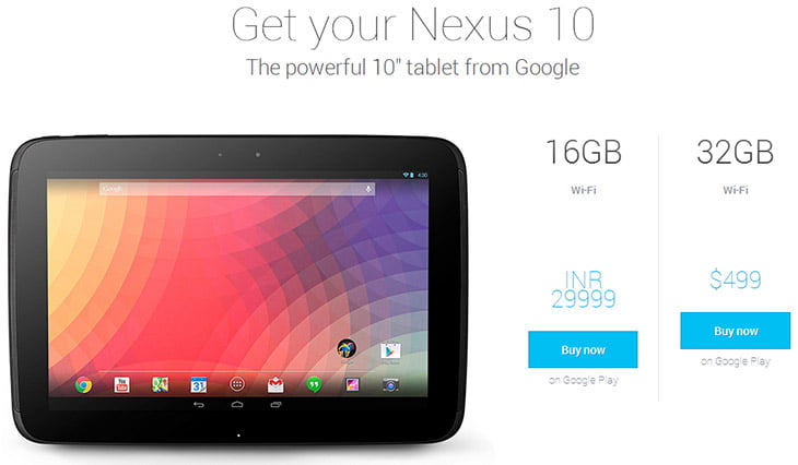 Nexus 10 tablet pricing India