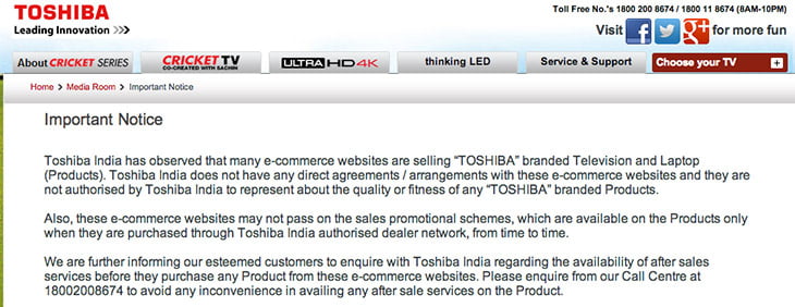 After Lenovo, Toshiba warns users Buying from Indian online retailers