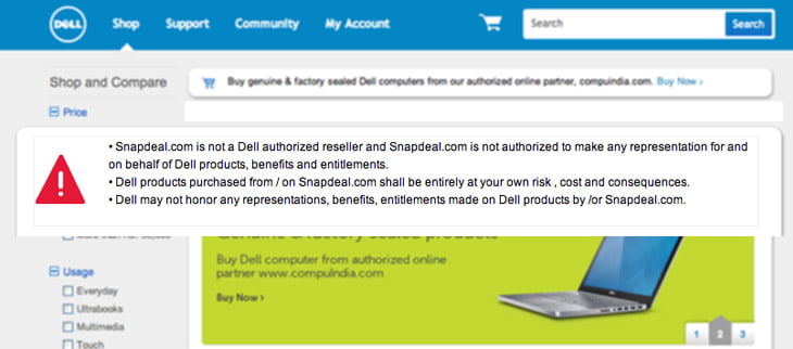 Dell takes on Snapdeal - Warns users Buying its products from the Shopping Site