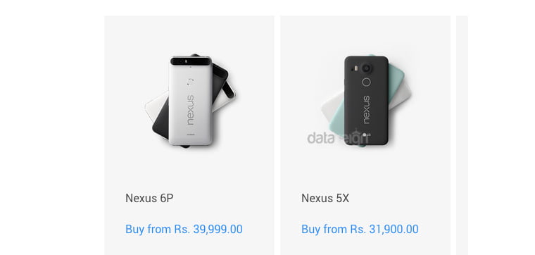 Nexus 5X Pricing starts at Rs 31,900 and Nexus 6P priced from Rs 39,990 (Google India Store)