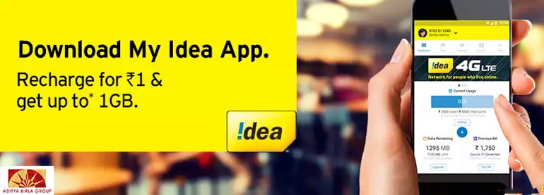 Recharge for Rs 1 and Get up to 1GB of 4G/3G data usage on My Idea App