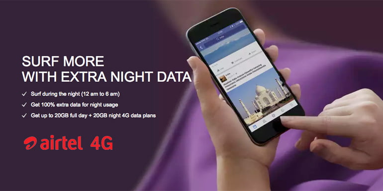 Airtel now offers Double Data benefits for Night usage on new 4G Data Plans