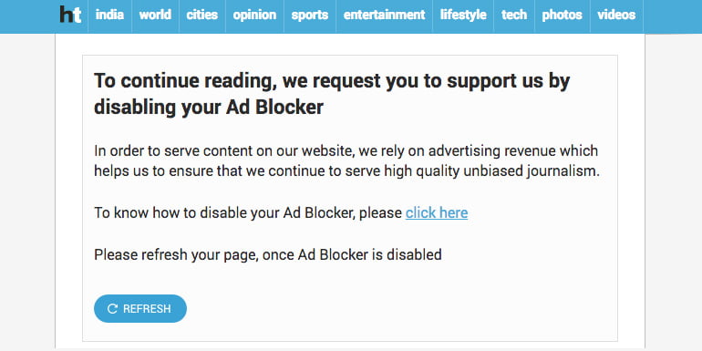 India’s top news publications blocking users with adblocker