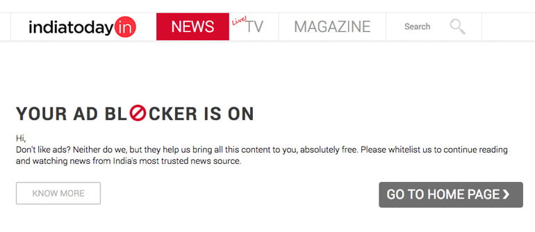 Indian News Publishers websites block users with Ad Blocker