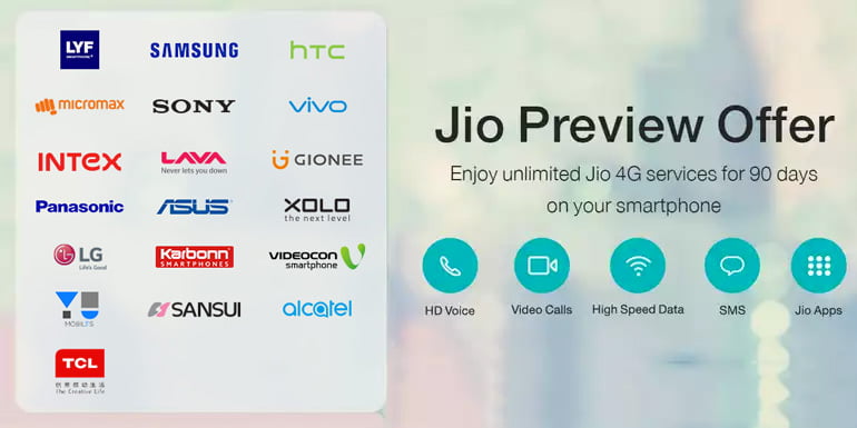 Reliance Jio Preview offer open up for HTC, Intex and Vivo smartphones