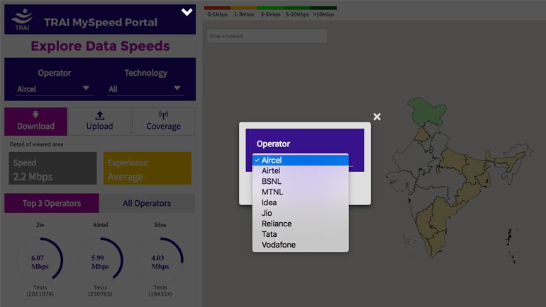 Reliance Jio Network coverage using TRAI MySpeed Portal