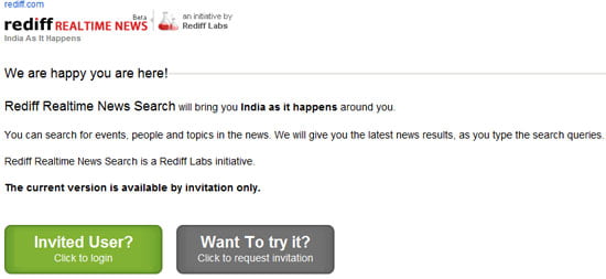 Rediff Realtime Indian News Search Invitation Page