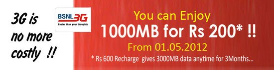 BSNL 3G special offer Now get 1GB Data transfer for Rs 200 per Month