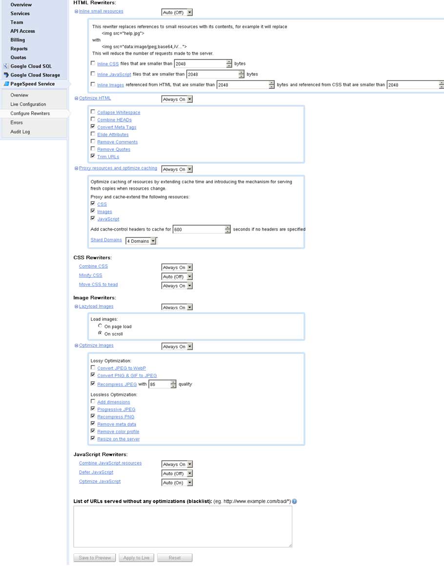 Google PageSpeed Configuration settings