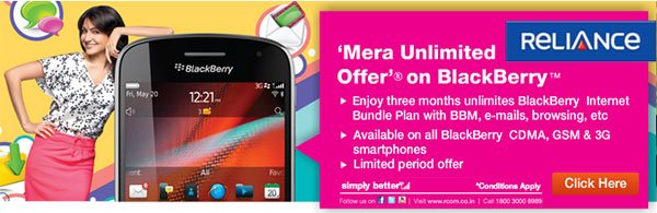 Reliance offering 3 Months Free 'Mera Unlimited Offer' on BlackBerry