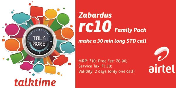 Airtel Zabardust Family Pack - Make 30 minutes long STD call with RC 10