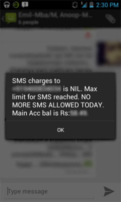 BSNL SMS restriction warning message