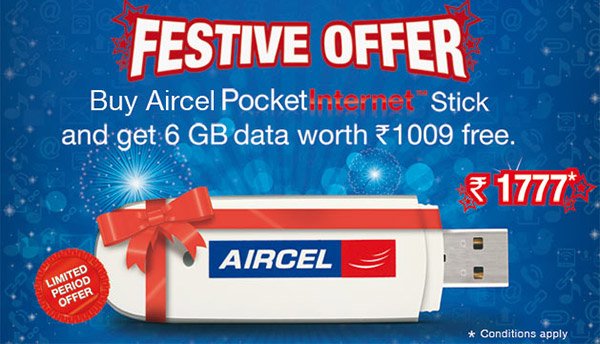 Aircel Value Pack -  3G Pocket Internet stick with 6GB 3G data for Rs 1777