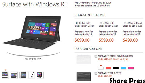 Microsoft Surface RT tablet get priced & up for Pre-order, starts from $499