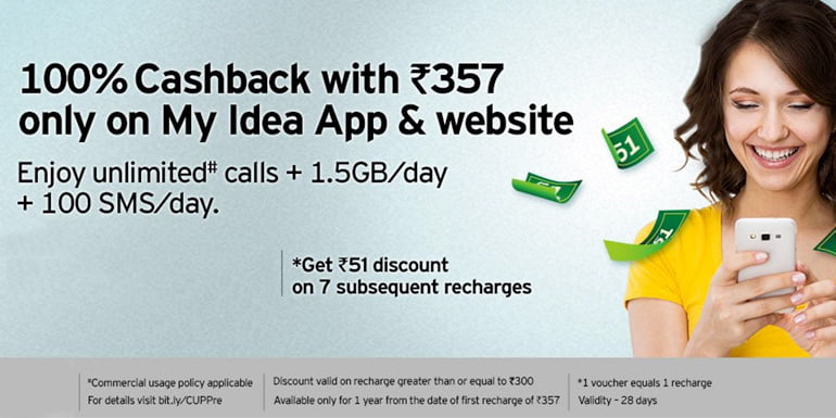 Idea Offers 100% Cashback On Recharges With My Idea App And Website