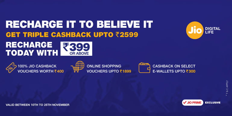 Reliance Jio Triple Cashback Offer - Get Cash back on every Recharge