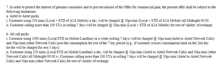 Airtel Unlimited Voice calls previous Terms and Condition