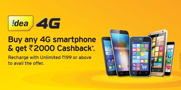 Idea 4G smartphone Cashback offer on any mobile brands 4G device purchase