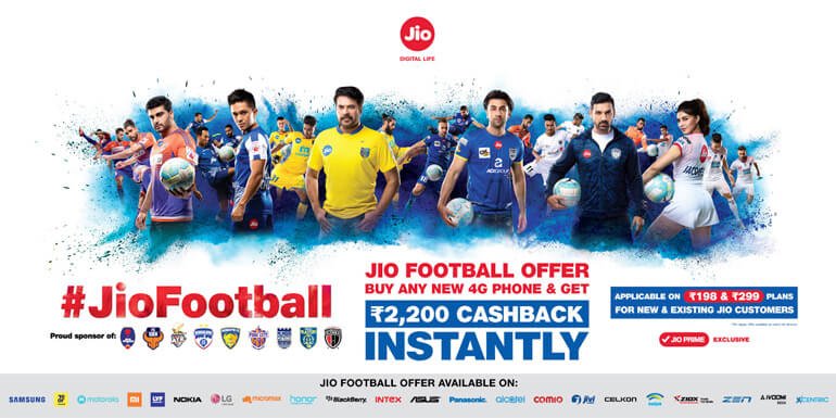 Jio ISL Football offer for new 4G device with Rs 2200 instant cash back