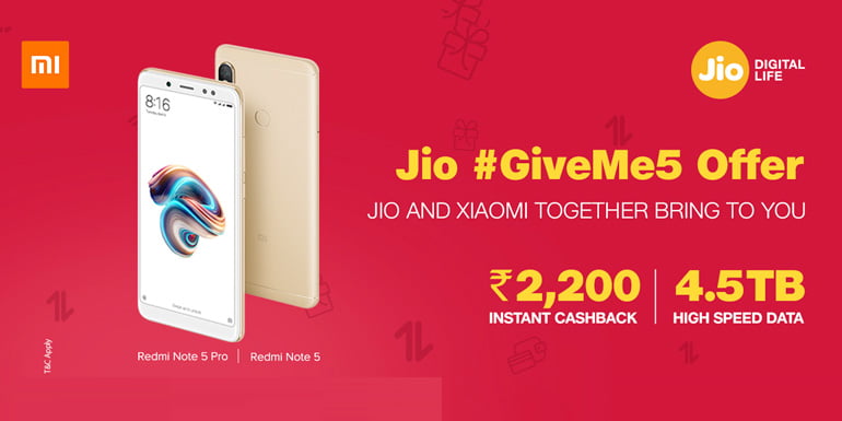 Jio GiveMe5 Offer For Redmi Note 5 Series