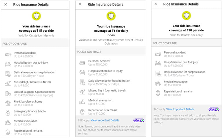 Ola in-trip insurance coverage items