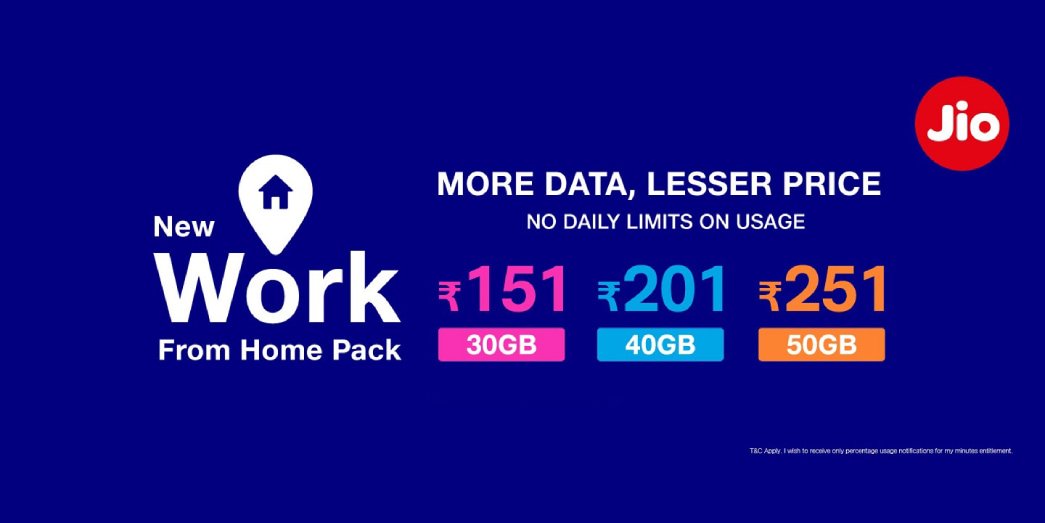 Reliance Jio work from home data packs