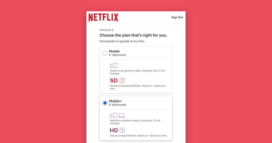 Netflix Mobile plus premium subscription plan